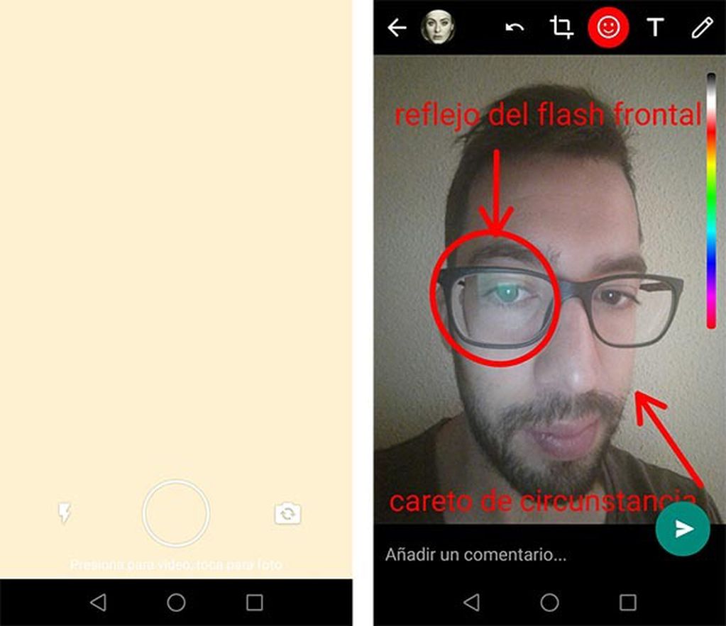 whatsapp incorpora flash para las selfies
