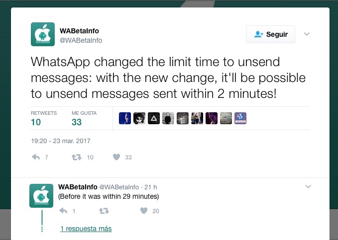 whatsapp te dara 2 minutos para eliminar un mensaje enviado